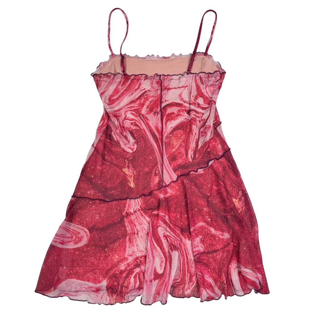 Y2K Barbiecore Mesh Mini Dress Pink Sheer Slip Ruffle Festival Coquette Small - Picture 3 of 16